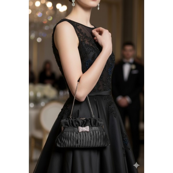 Evening Bag - Pleated Satin w/ Rhinestone Bow - Black - BG-92288B